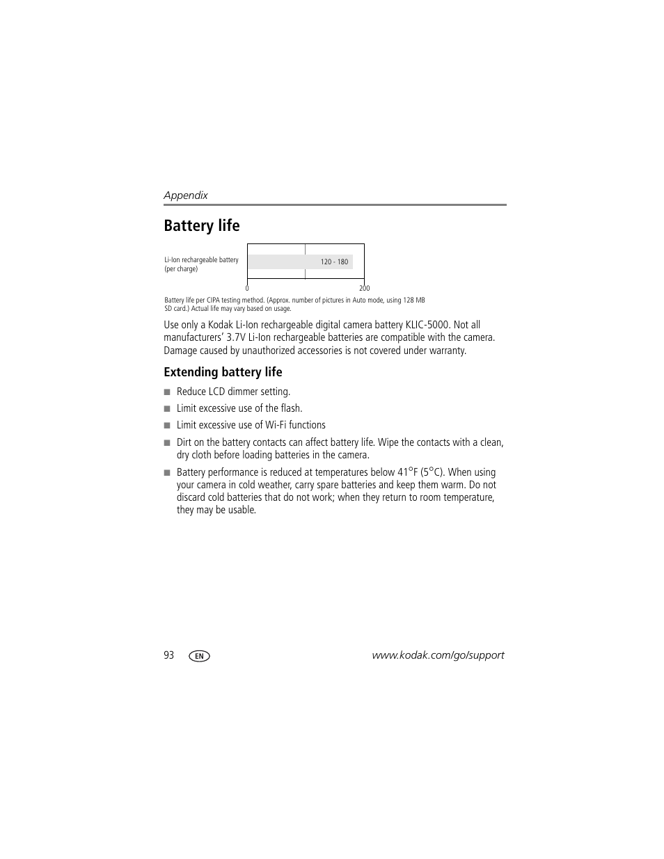 Battery life, Extending battery life | Kodak 4 MP User Manual | Page 100 / 118