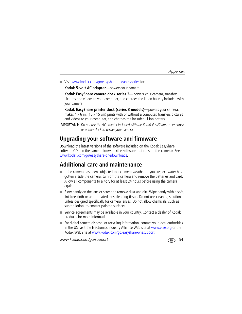 Upgrading your software and firmware, Additional care and maintenance, The lens | Kodak 4 MP User Manual | Page 101 / 118