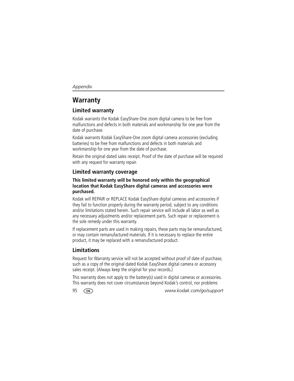 Warranty, Limited warranty, Limited warranty coverage | Limitations | Kodak 4 MP User Manual | Page 102 / 118