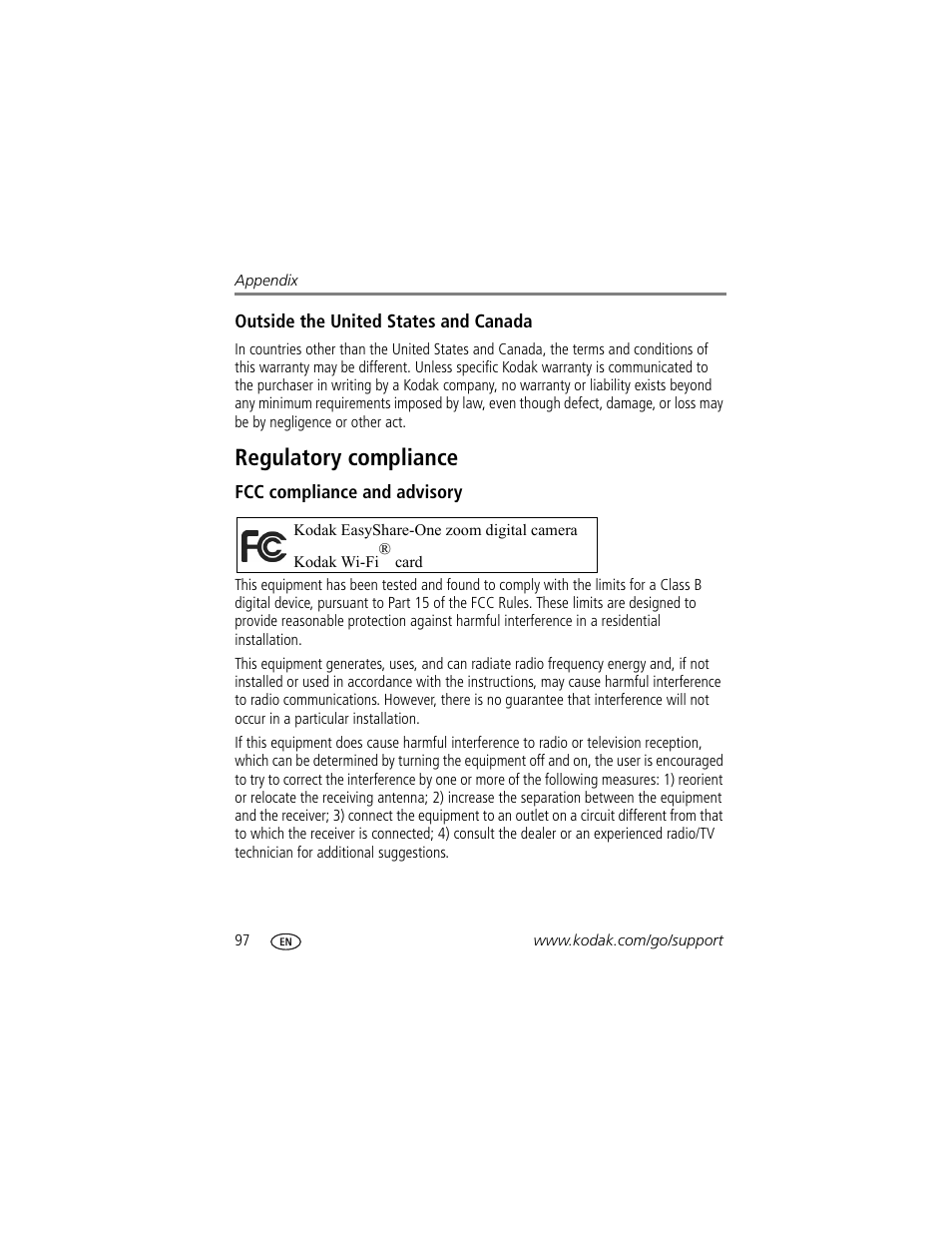 Outside the united states and canada, Regulatory compliance, Fcc compliance and advisory | Kodak 4 MP User Manual | Page 104 / 118