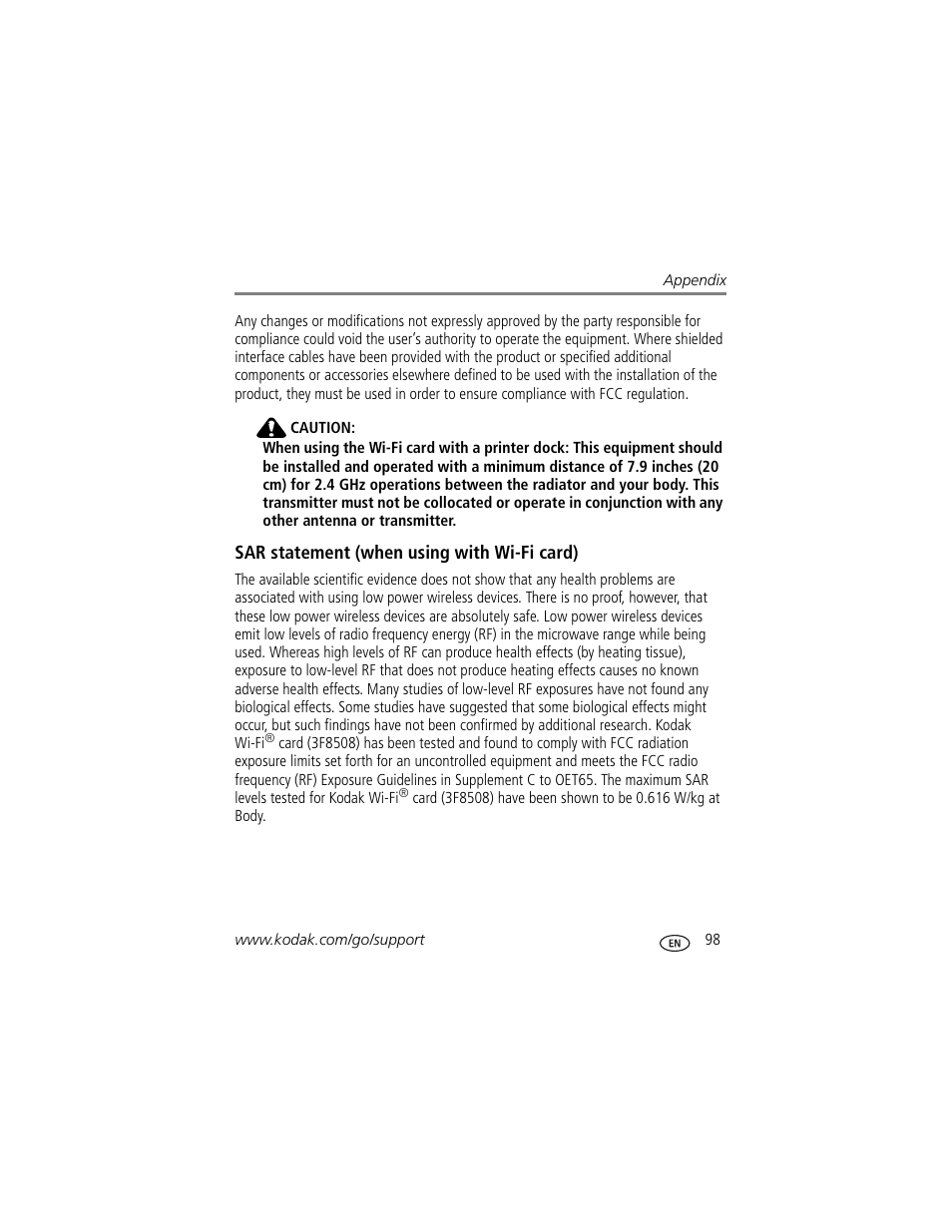 Sar statement (when using with wi-fi card) | Kodak 4 MP User Manual | Page 105 / 118