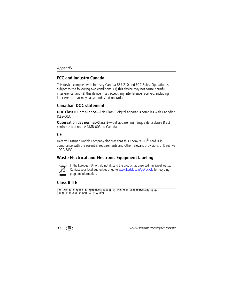 Fcc and industry canada, Canadian doc statement, Waste electrical and electronic equipment labeling | Class b ite | Kodak 4 MP User Manual | Page 106 / 118