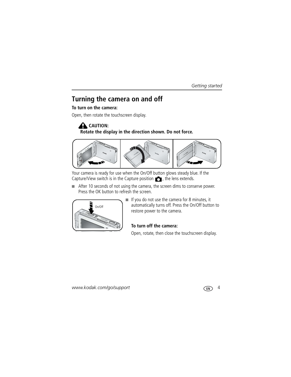 Turning the camera on and off | Kodak 4 MP User Manual | Page 11 / 118