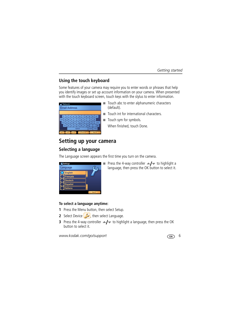 Using the touch keyboard, Setting up your camera, Selecting a language | Kodak 4 MP User Manual | Page 13 / 118