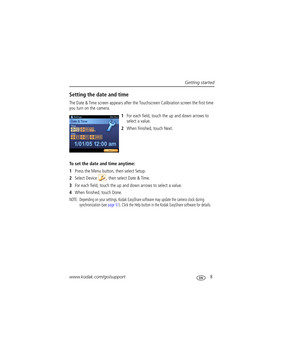 Setting the date and time | Kodak 4 MP User Manual | Page 15 / 118