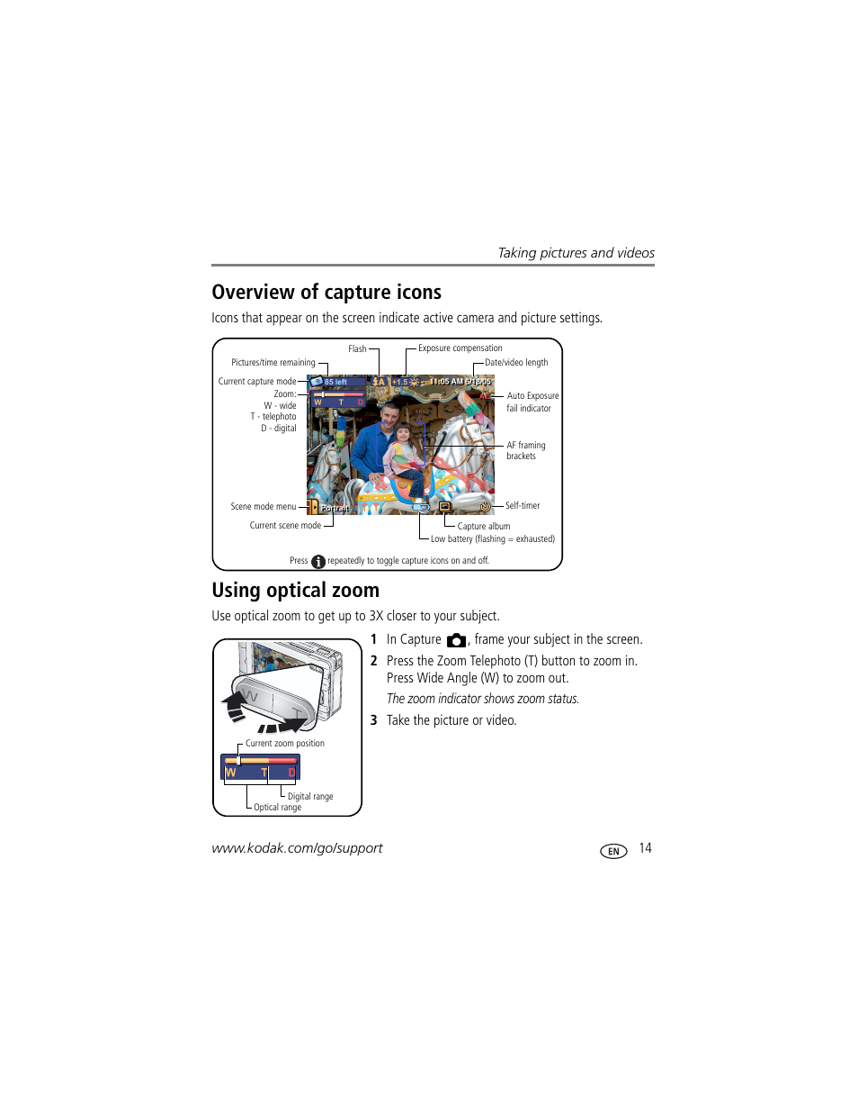 Overview of capture icons, Using optical zoom, Overview of capture icons using optical zoom | Kodak 4 MP User Manual | Page 21 / 118