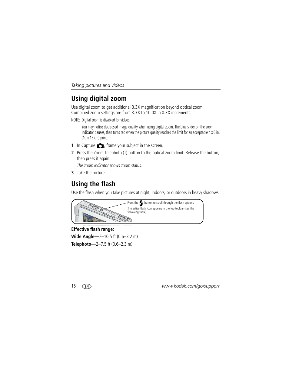 Using digital zoom, Using the flash, Using digital zoom using the flash | Kodak 4 MP User Manual | Page 22 / 118