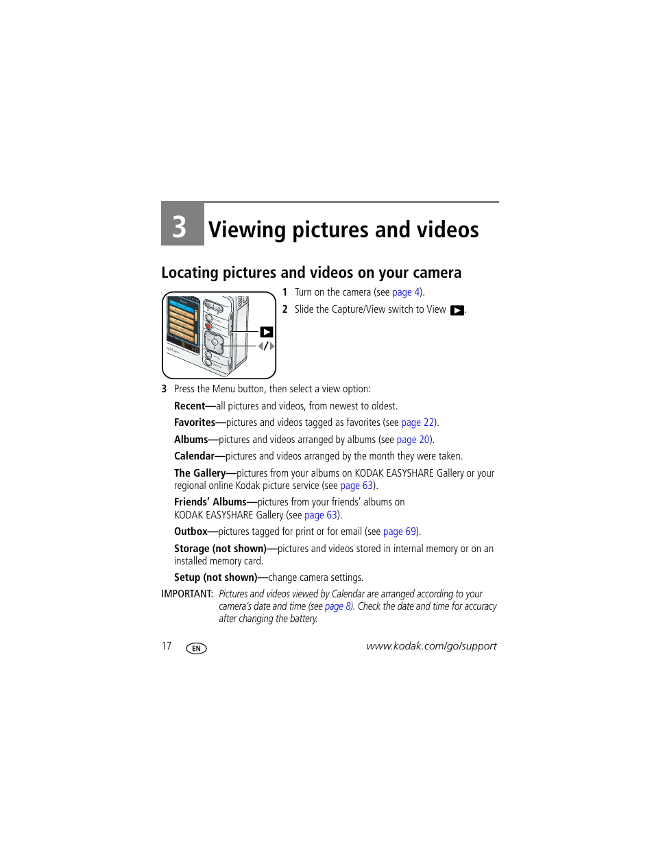 3 viewing pictures and videos, Locating pictures and videos on your camera, Viewing pictures and videos | Kodak 4 MP User Manual | Page 24 / 118
