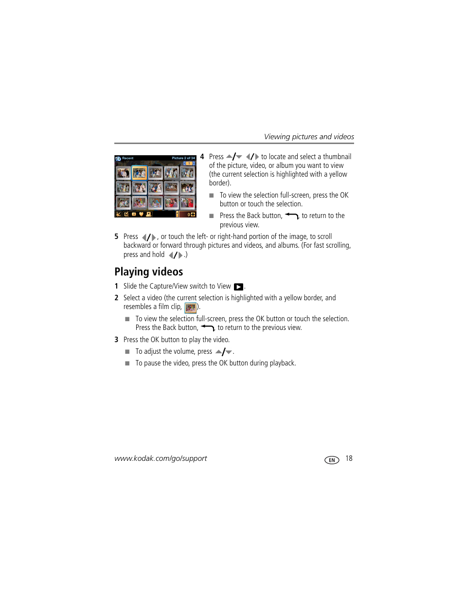Playing videos | Kodak 4 MP User Manual | Page 25 / 118