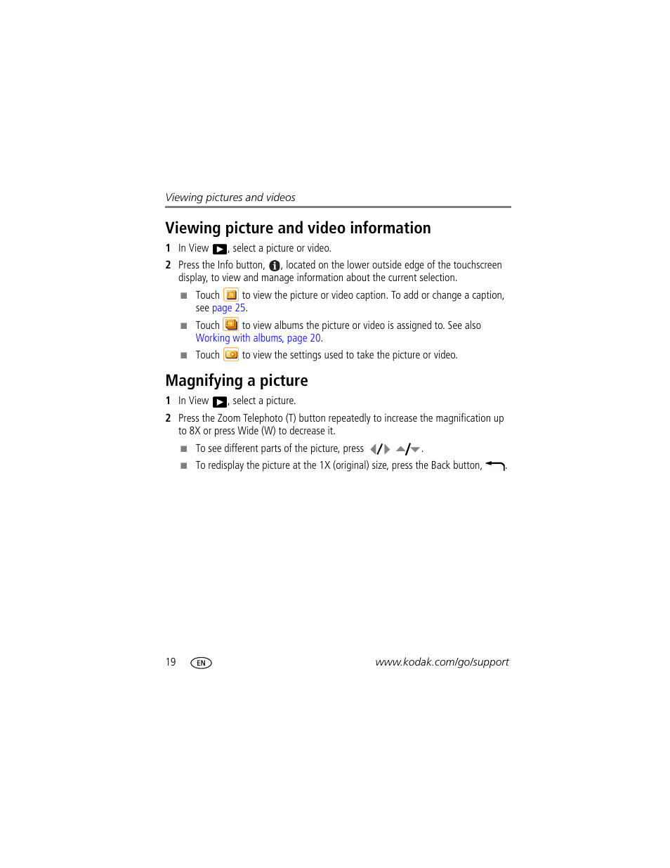 Viewing picture and video information, Magnifying a picture | Kodak 4 MP User Manual | Page 26 / 118