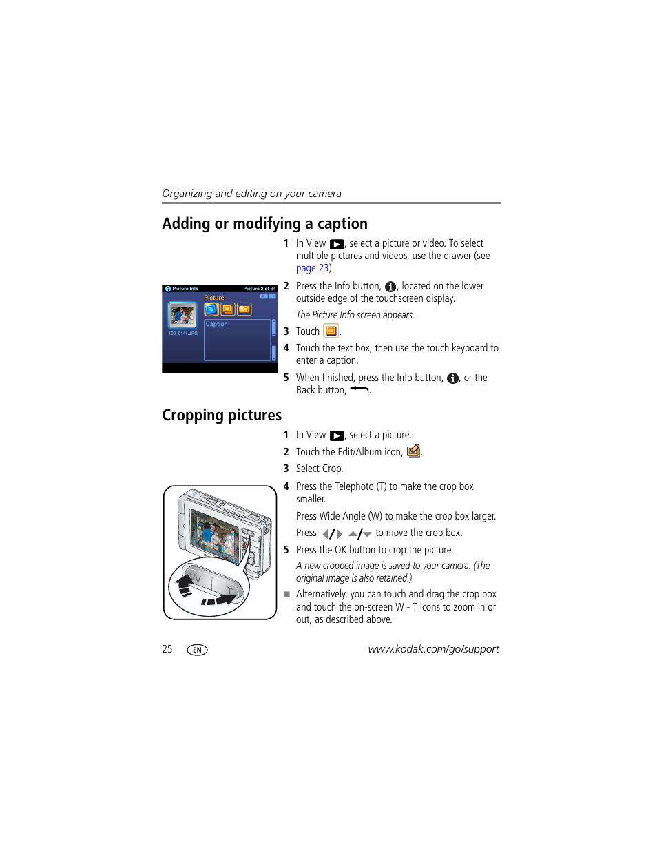 Adding or modifying a caption, Cropping pictures | Kodak 4 MP User Manual | Page 32 / 118