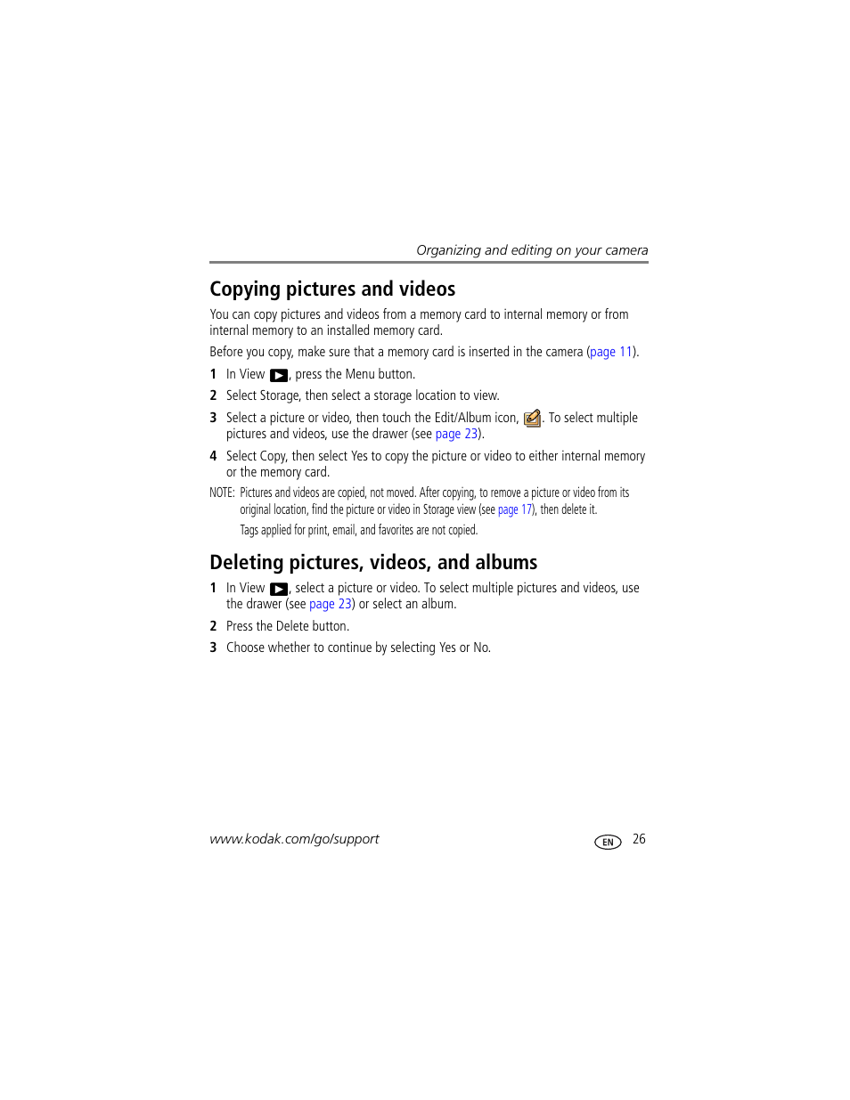 Copying pictures and videos, Deleting pictures, videos, and albums | Kodak 4 MP User Manual | Page 33 / 118