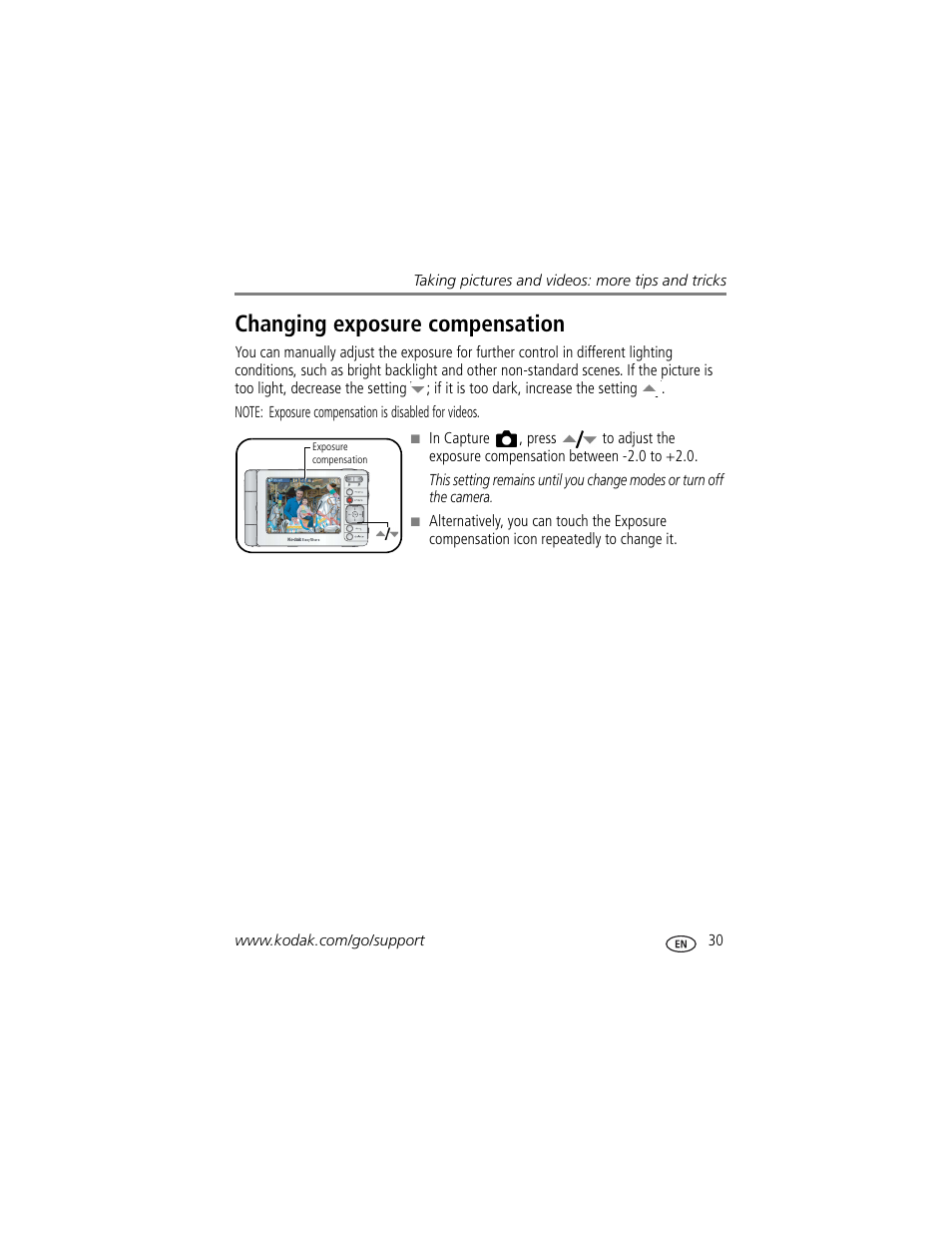 Changing exposure compensation | Kodak 4 MP User Manual | Page 37 / 118