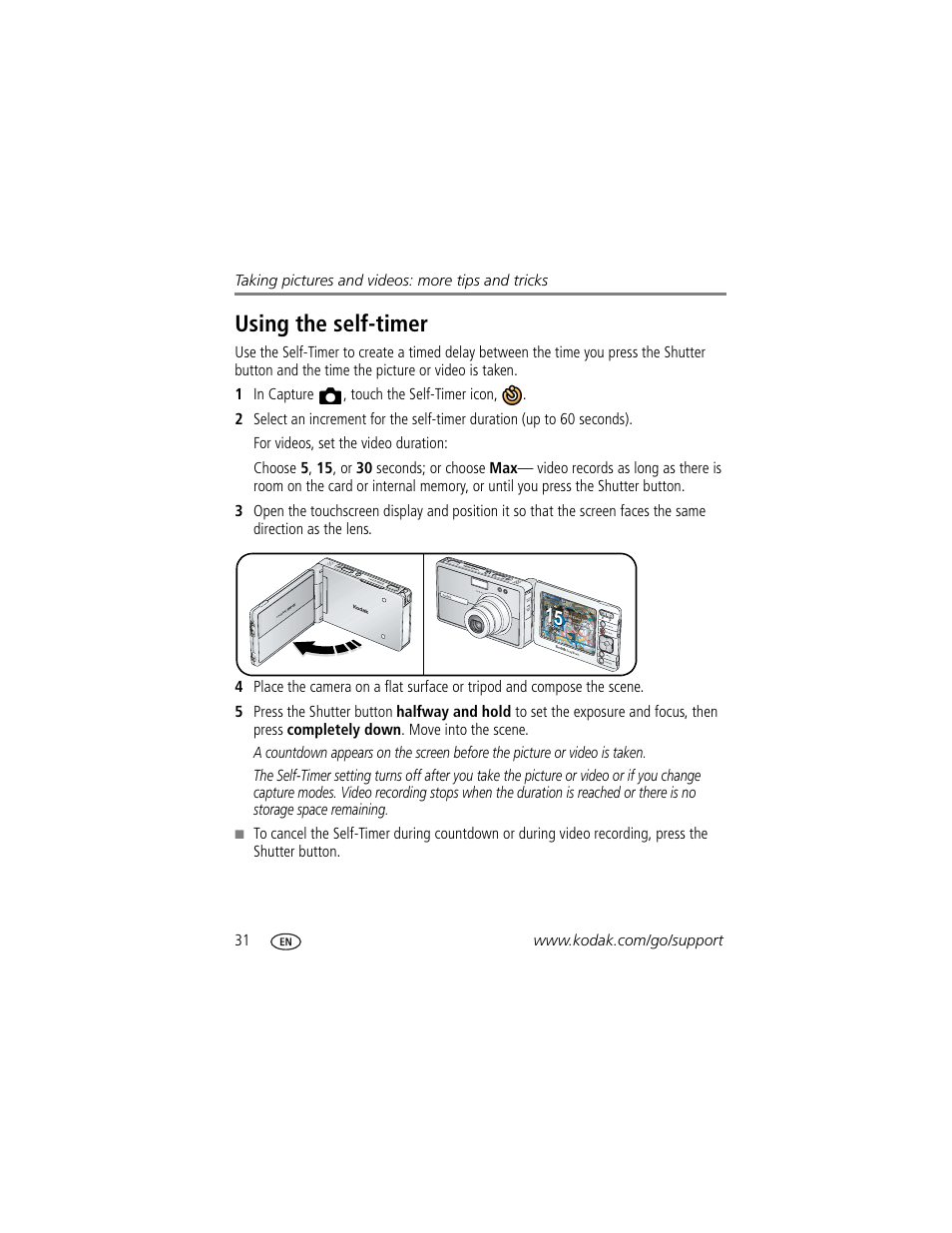 Using the self-timer | Kodak 4 MP User Manual | Page 38 / 118