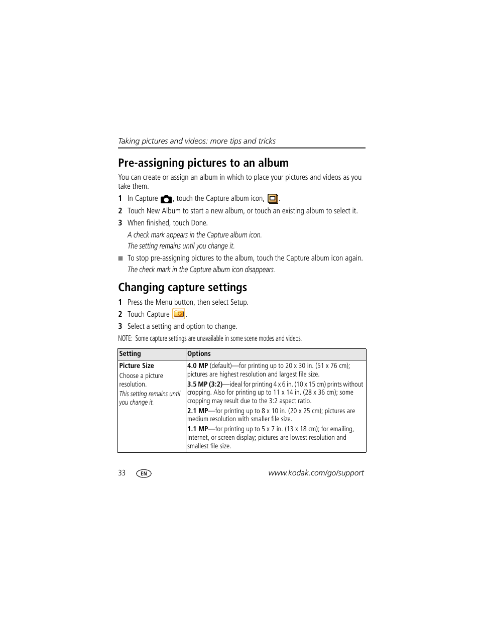 Pre-assigning pictures to an album, Changing capture settings | Kodak 4 MP User Manual | Page 40 / 118