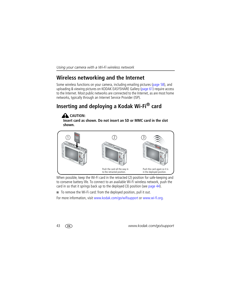 Wireless networking and the internet, Inserting and deploying a kodak wi-fi® card, Inserting and deploying a kodak wi-fi | Card | Kodak 4 MP User Manual | Page 50 / 118