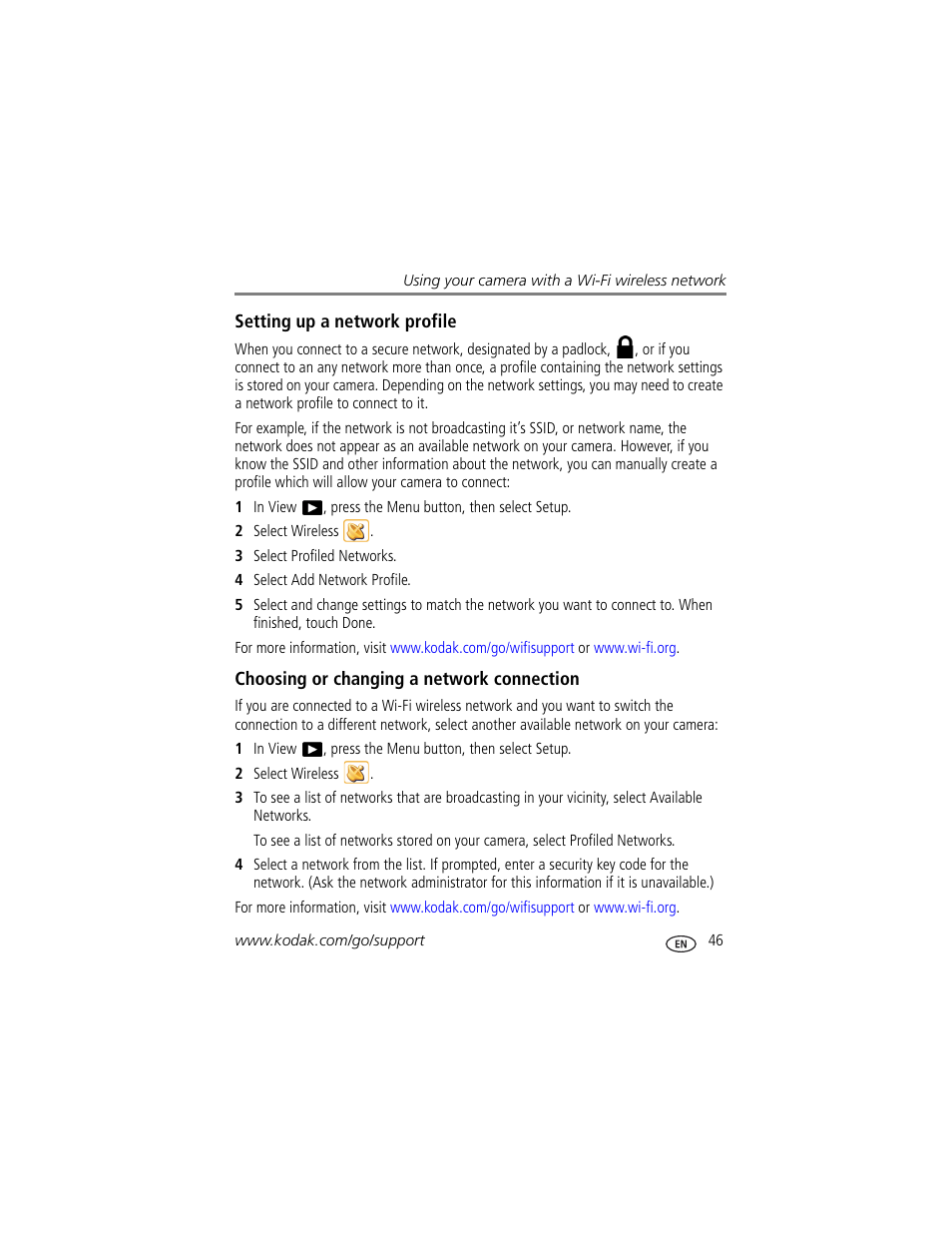 Setting up a network profile, Choosing or changing a network connection | Kodak 4 MP User Manual | Page 53 / 118