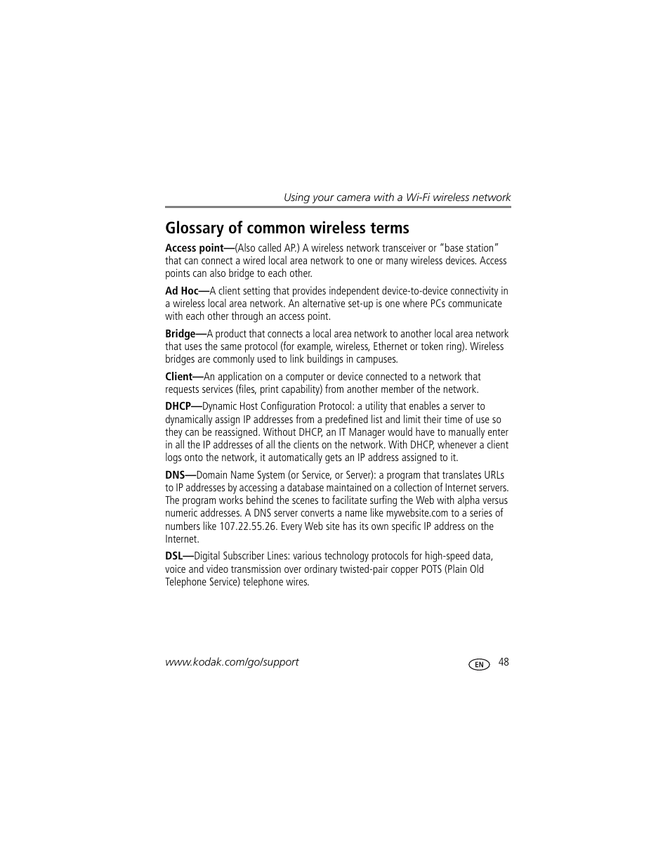 Glossary of common wireless terms | Kodak 4 MP User Manual | Page 55 / 118