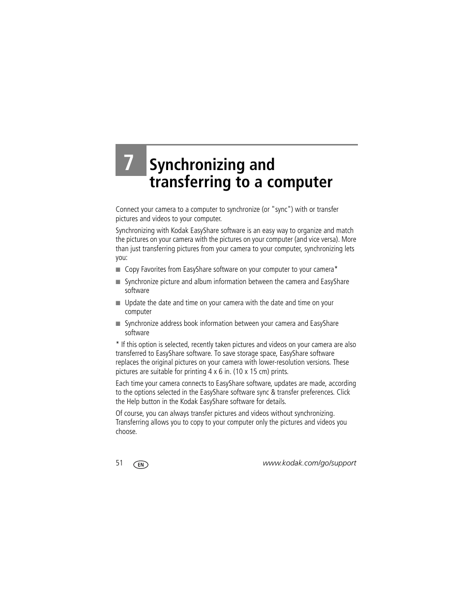 7 synchronizing and transferring to a computer, Synchronizing and transferring to a computer | Kodak 4 MP User Manual | Page 58 / 118