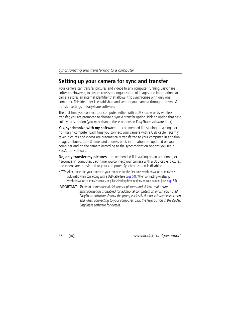 Setting up your camera for sync and transfer | Kodak 4 MP User Manual | Page 60 / 118