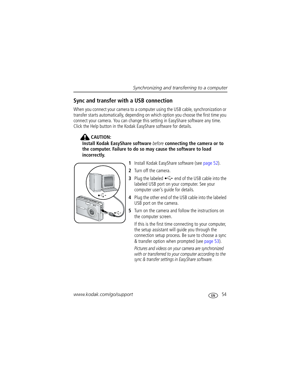 Sync and transfer with a usb connection | Kodak 4 MP User Manual | Page 61 / 118