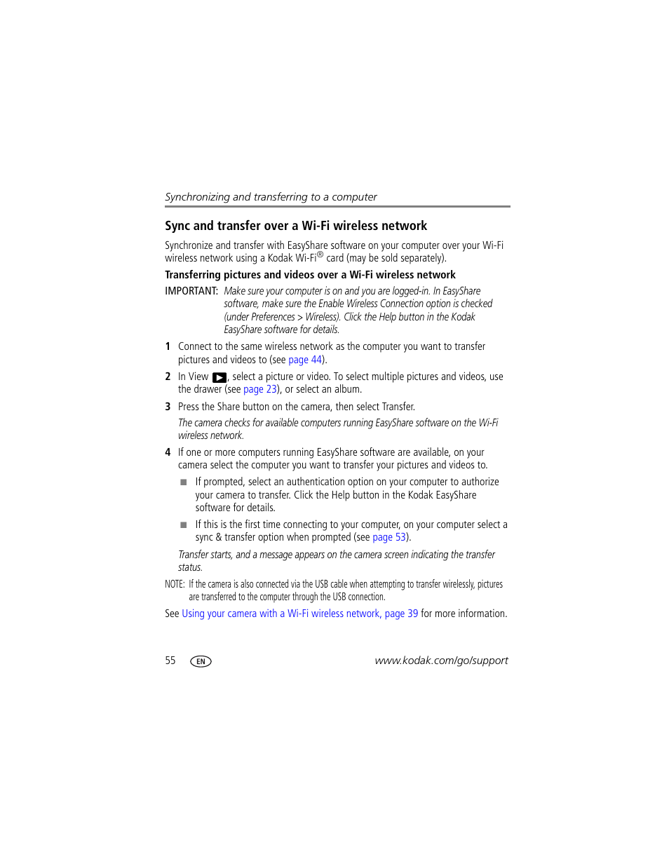 Sync and transfer over a wi-fi wireless network | Kodak 4 MP User Manual | Page 62 / 118