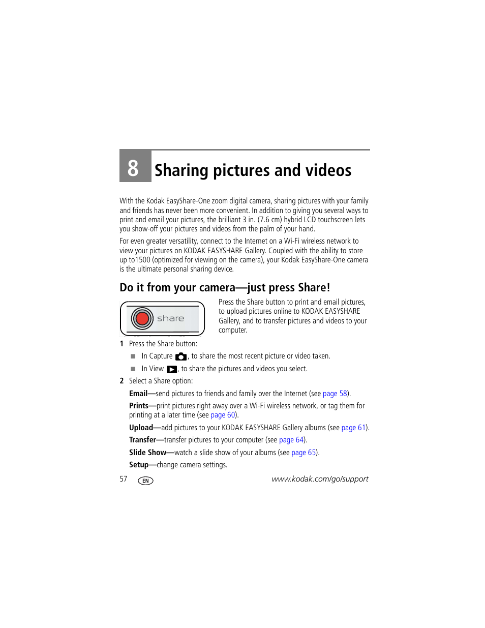 8 sharing pictures and videos, Do it from your camera-just press share, Do it from your camera—just press share | Sharing pictures and videos | Kodak 4 MP User Manual | Page 64 / 118