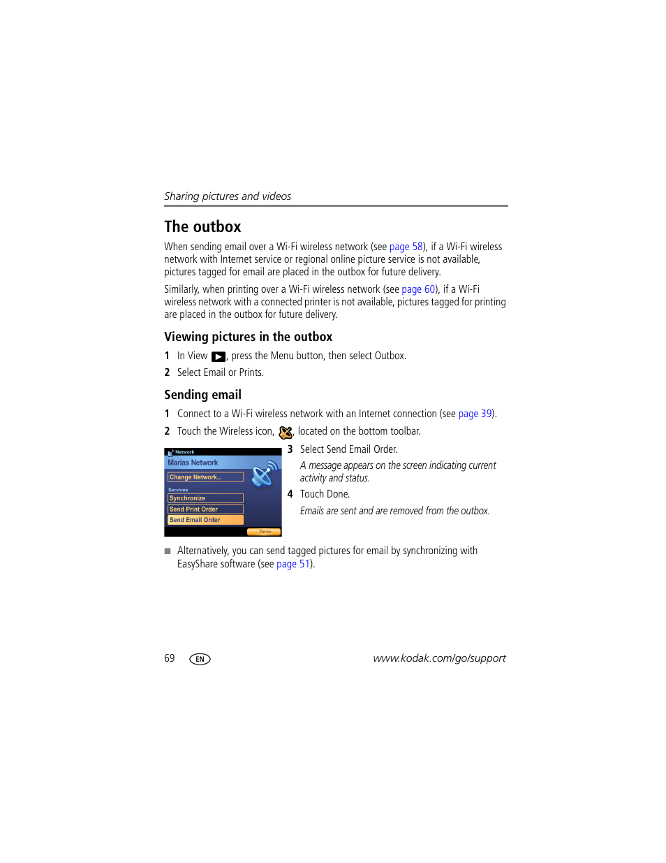 The outbox, Viewing pictures in the outbox, Sending email | Kodak 4 MP User Manual | Page 76 / 118