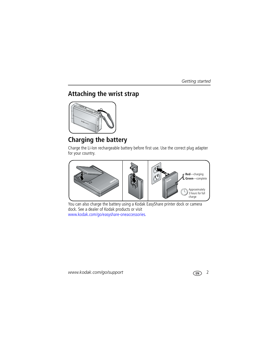 Attaching the wrist strap, Charging the battery, Attaching the wrist strap charging the battery | Kodak 4 MP User Manual | Page 9 / 118