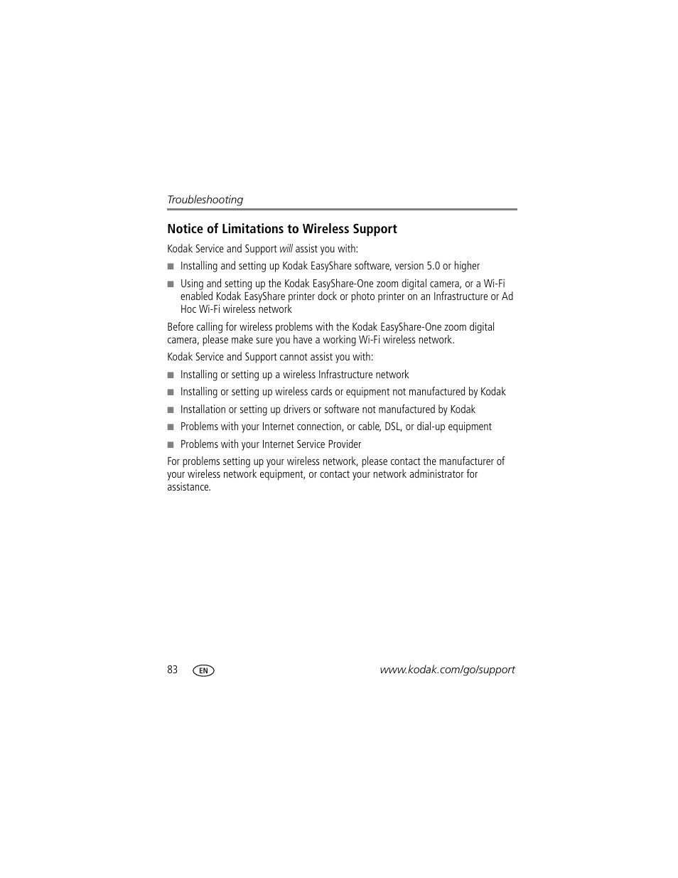 Notice of limitations to wireless support | Kodak 4 MP User Manual | Page 90 / 118