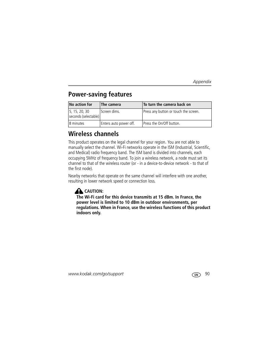 Power-saving features, Wireless channels, Power-saving features wireless channels | Kodak 4 MP User Manual | Page 97 / 118