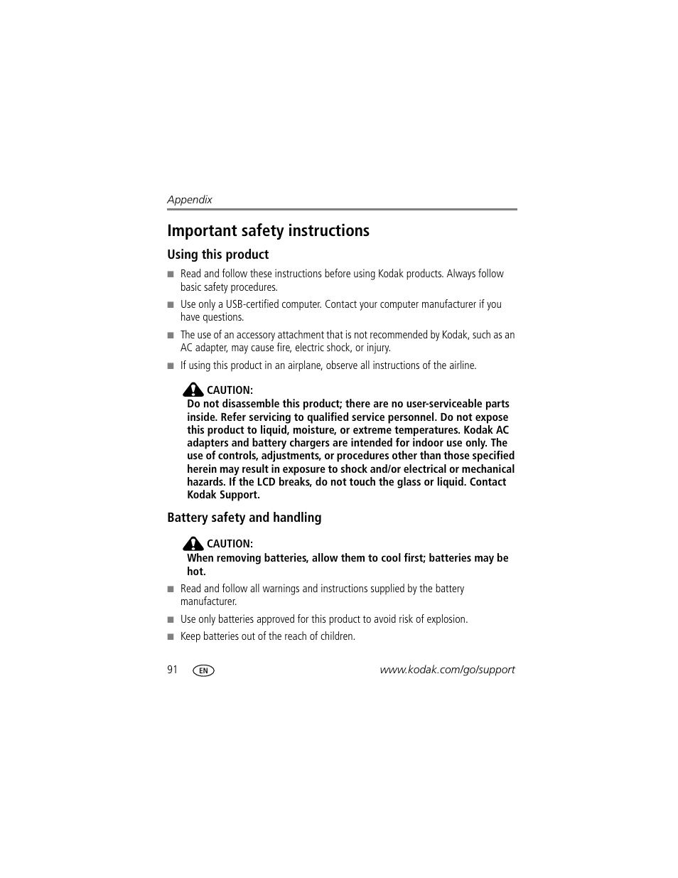 Important safety instructions, Using this product, Battery safety and handling | Kodak 4 MP User Manual | Page 98 / 118