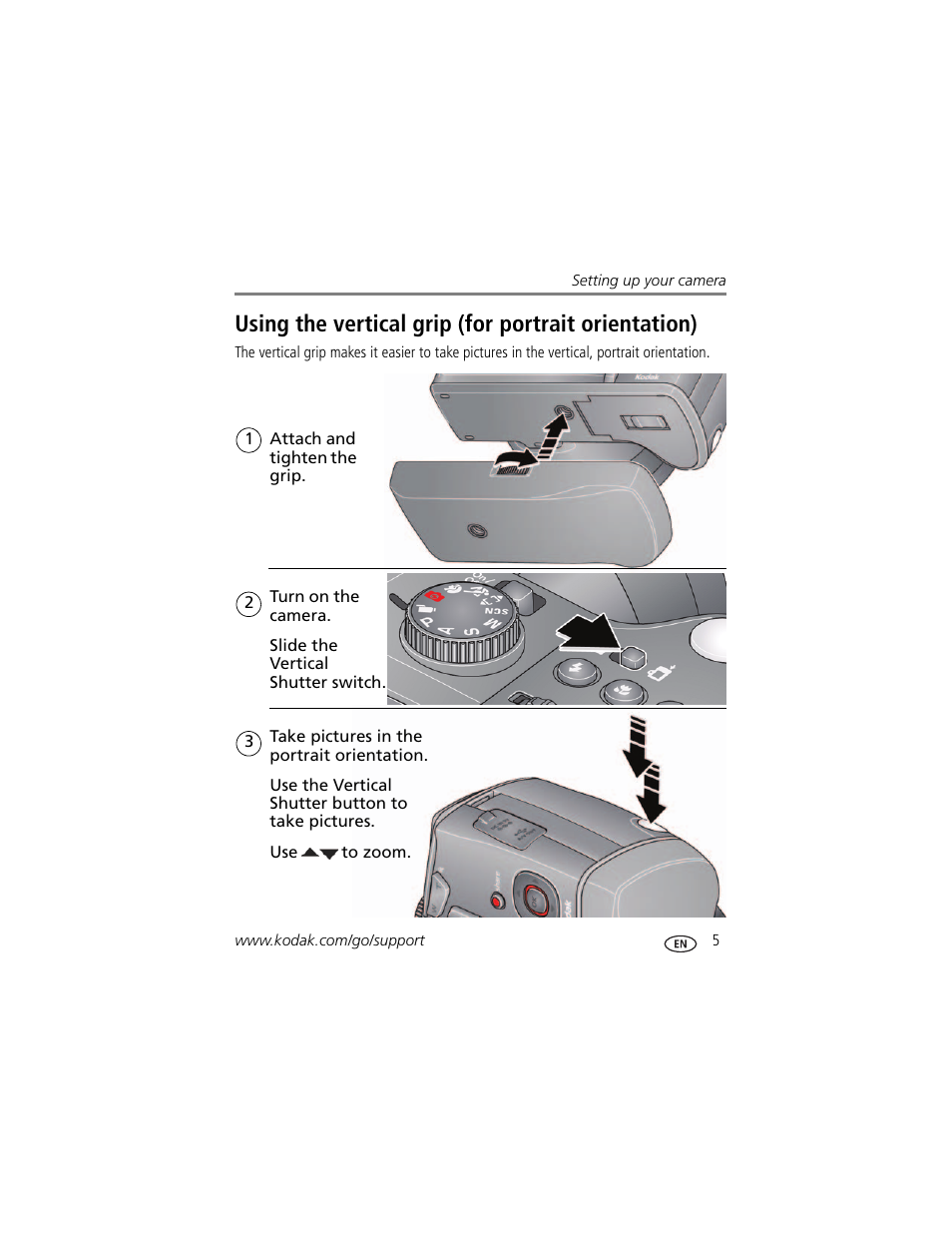 Using the vertical grip (for portrait orientation) | Kodak Z981 User Manual | Page 11 / 79