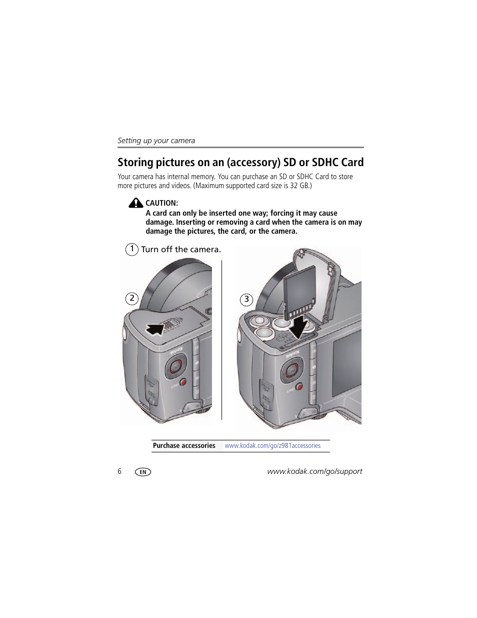 Storing pictures on an (accessory) sd or sdhc card | Kodak Z981 User Manual | Page 12 / 79