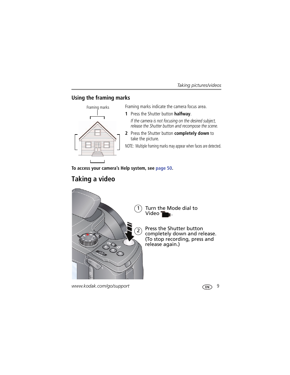 Using the framing marks, Taking a video | Kodak Z981 User Manual | Page 15 / 79