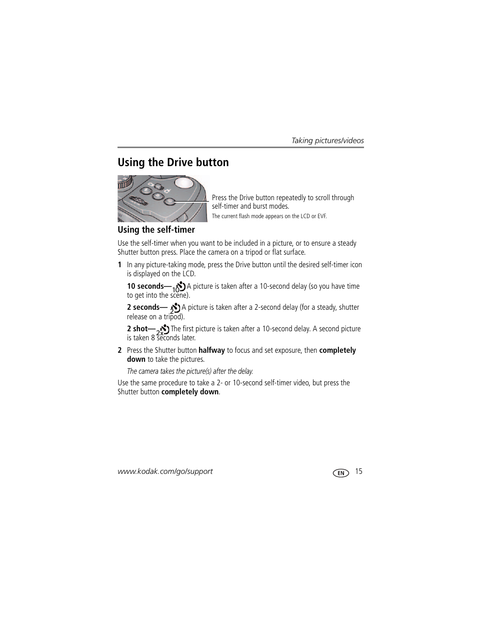 Using the drive button, Using the self-timer | Kodak Z981 User Manual | Page 21 / 79