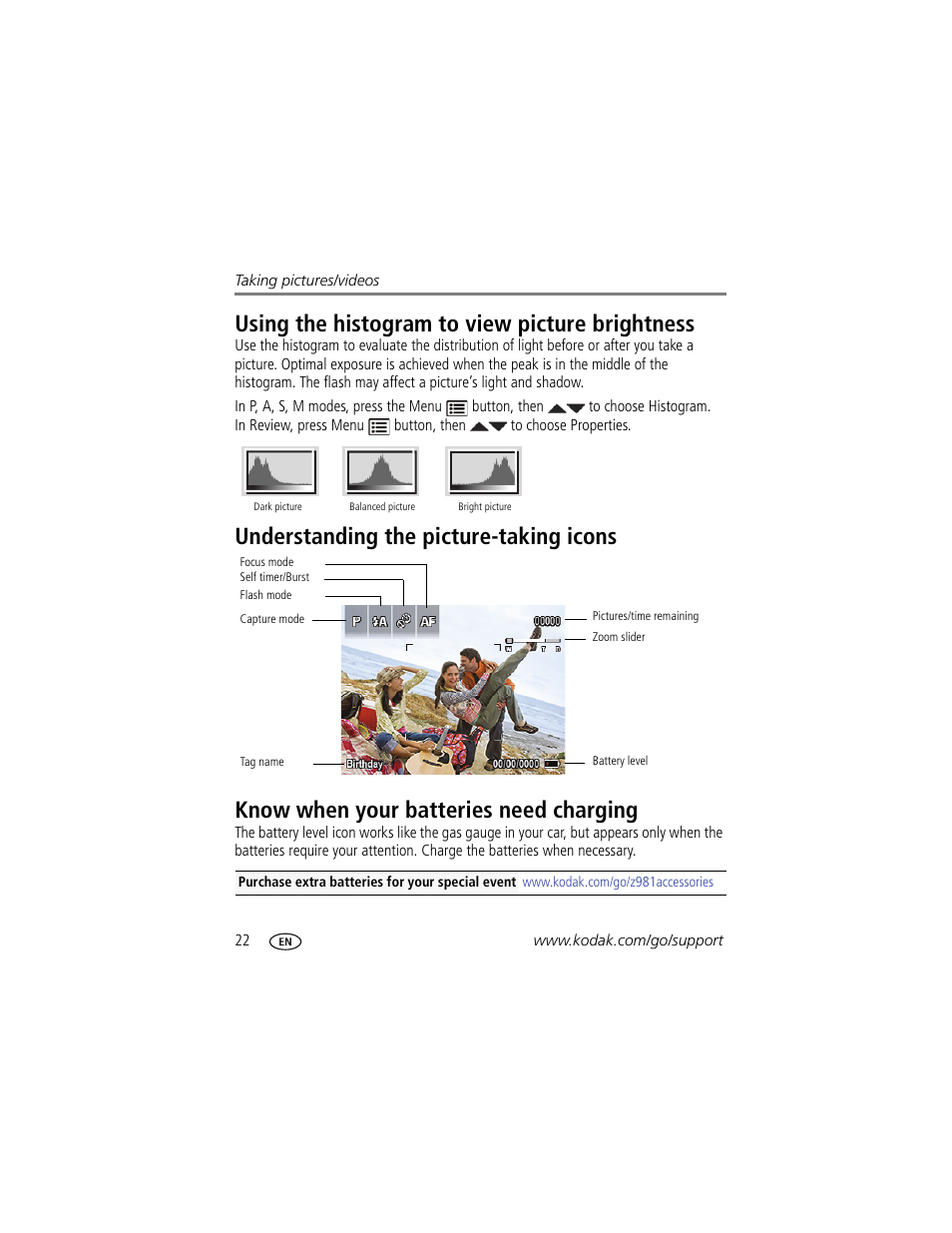 Using the histogram to view picture brightness, Understanding the picture-taking icons, Know when your batteries need charging | Kodak Z981 User Manual | Page 28 / 79