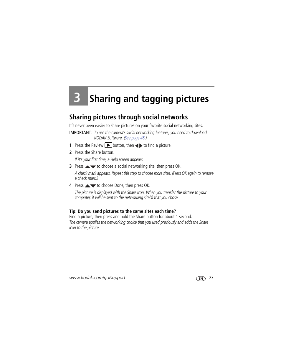 Sharing and tagging pictures, Sharing pictures through social networks, 3 sharing and tagging pictures | Kodak Z981 User Manual | Page 29 / 79