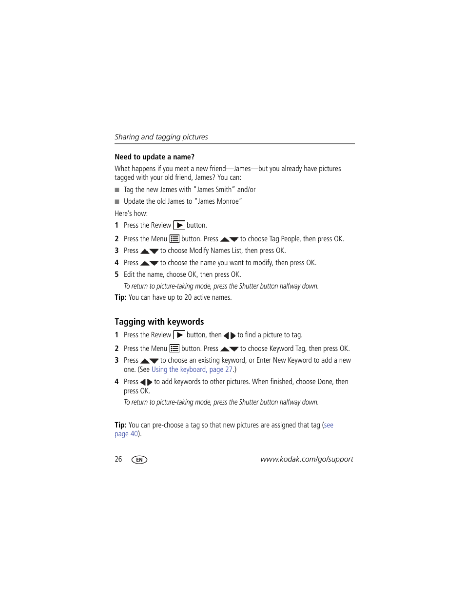 Need to update a name, Tagging with keywords | Kodak Z981 User Manual | Page 32 / 79