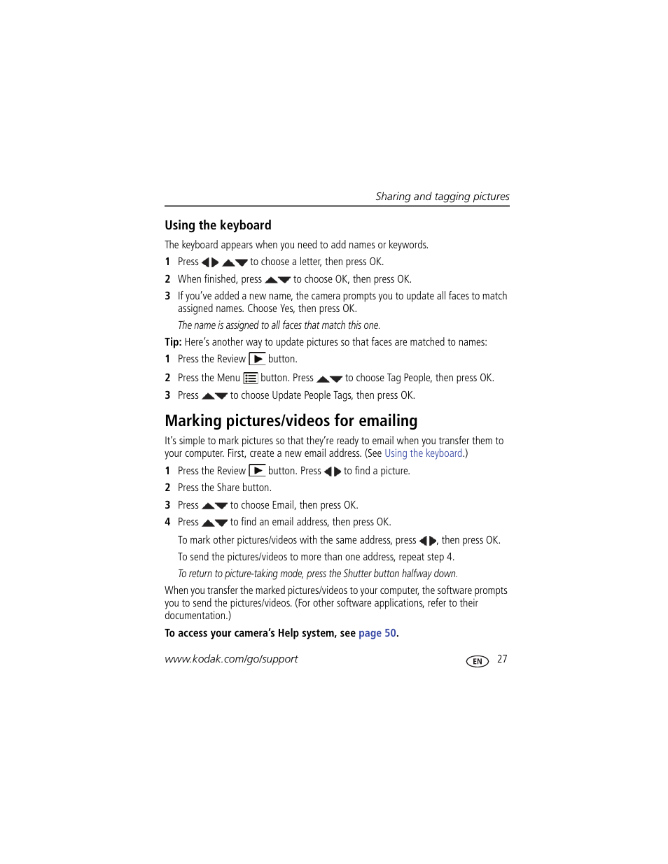 Using the keyboard, Marking pictures/videos for emailing | Kodak Z981 User Manual | Page 33 / 79