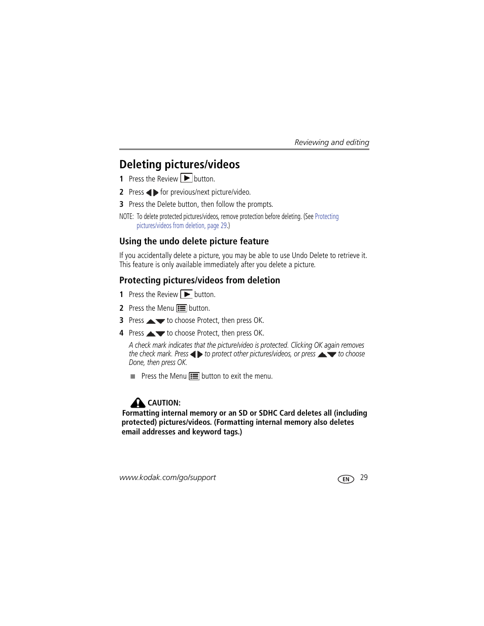 Deleting pictures/videos, Using the undo delete picture feature, Protecting pictures/videos from deletion | Kodak Z981 User Manual | Page 35 / 79