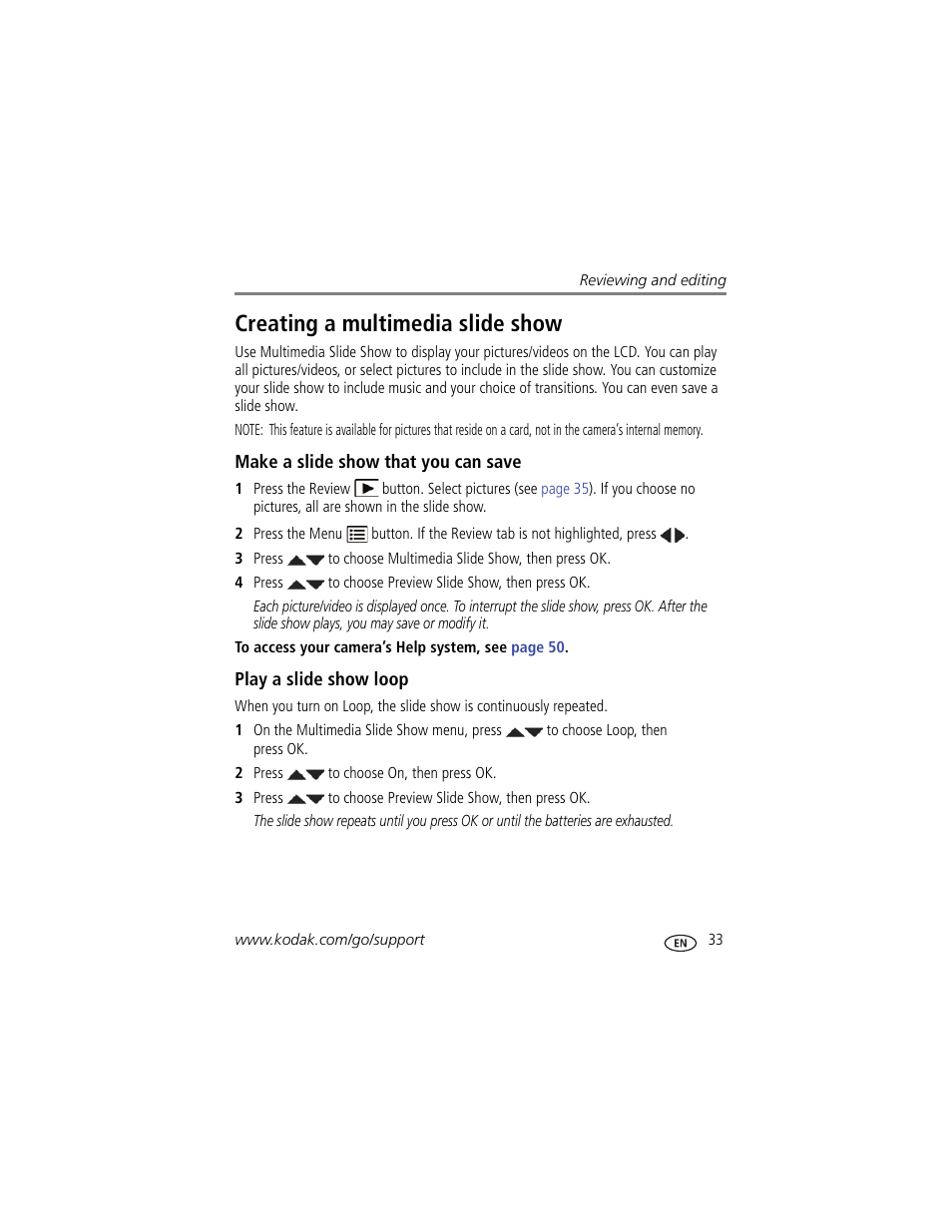 Creating a multimedia slide show, Make a slide show that you can save, Play a slide show loop | Kodak Z981 User Manual | Page 39 / 79