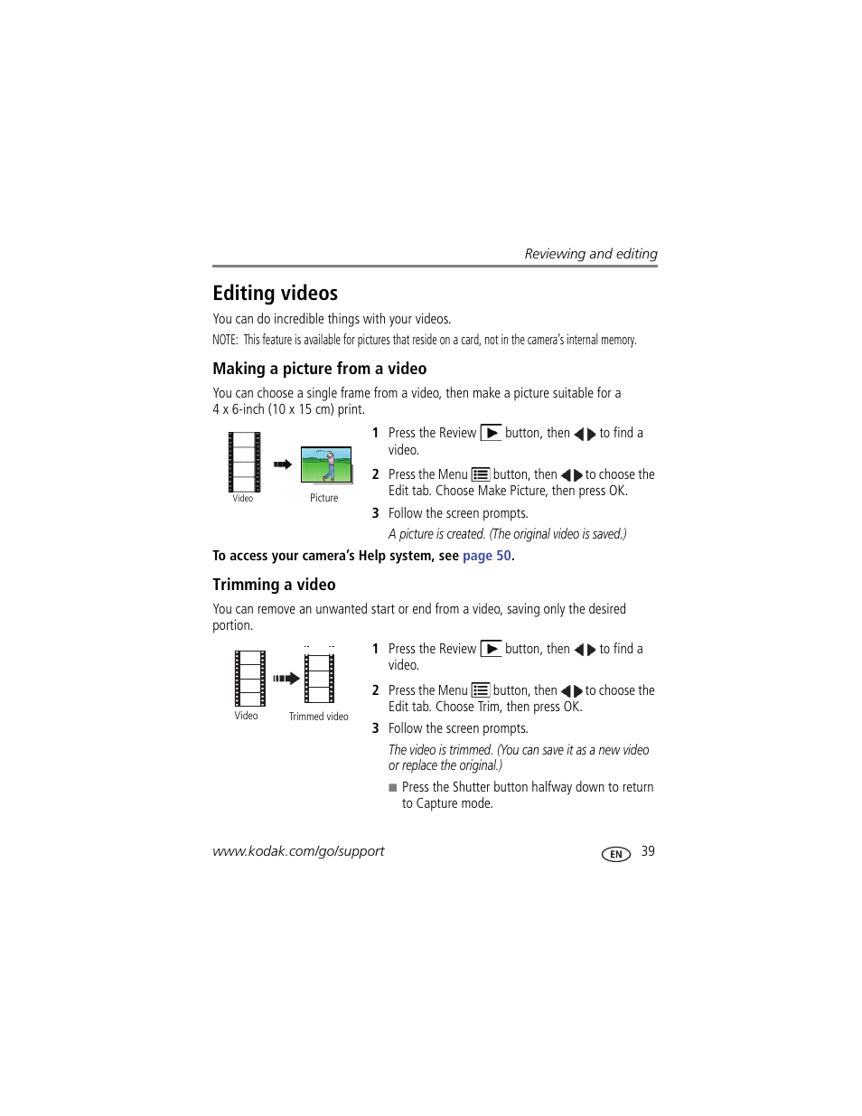 Editing videos, Making a picture from a video, Trimming a video | Kodak Z981 User Manual | Page 45 / 79