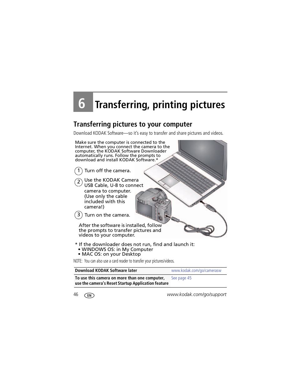 Transferring, printing pictures, Transferring pictures to your computer, 6 transferring, printing pictures | Kodak Z981 User Manual | Page 52 / 79