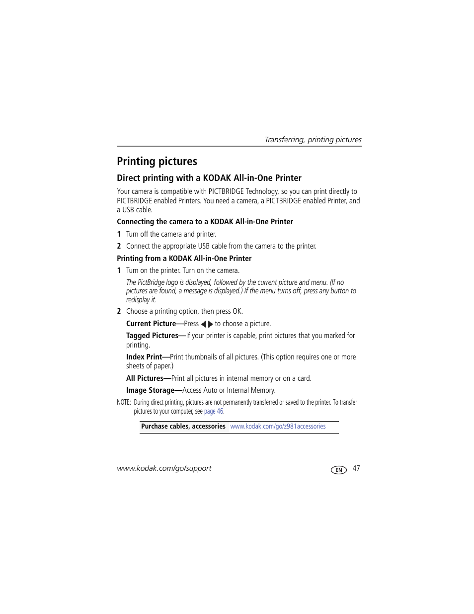 Printing pictures, Direct printing with a kodak all-in-one printer, Printing from a kodak all-in-one printer | Kodak Z981 User Manual | Page 53 / 79