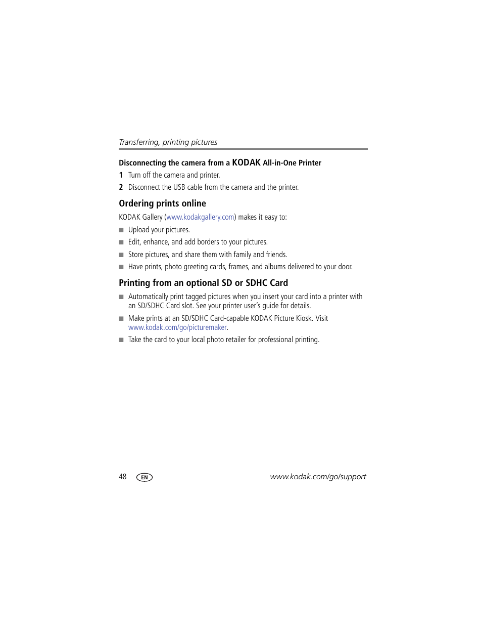 Ordering prints online, Printing from an optional sd or sdhc card | Kodak Z981 User Manual | Page 54 / 79