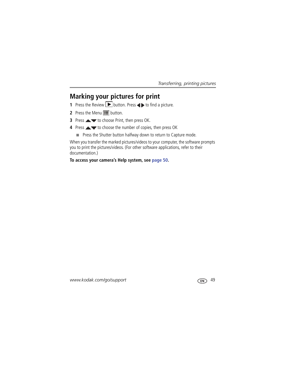 Marking your pictures for print | Kodak Z981 User Manual | Page 55 / 79