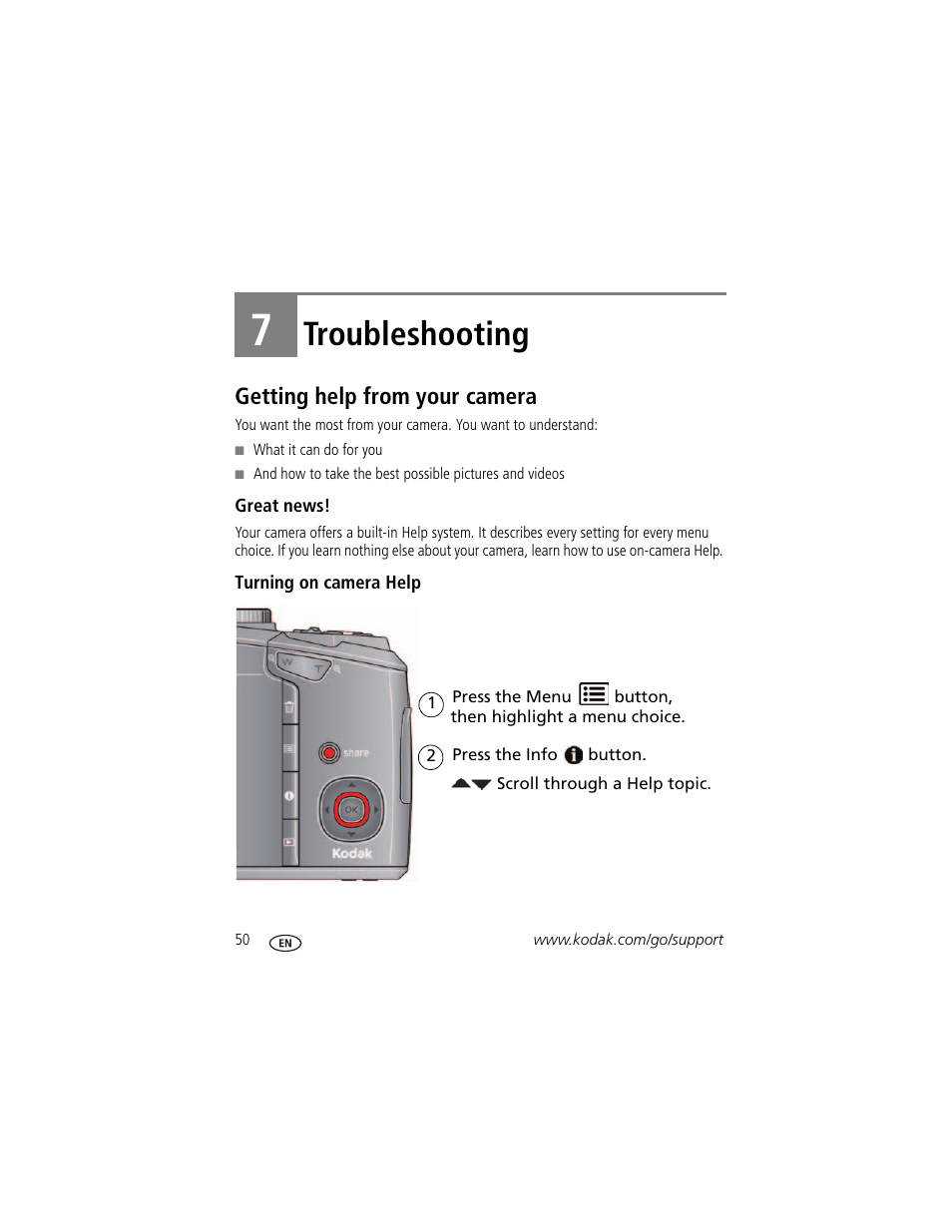 Troubleshooting, Getting help from your camera, Great news | Turning on camera help, 7 troubleshooting | Kodak Z981 User Manual | Page 56 / 79