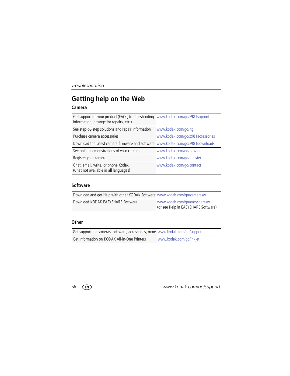 Getting help on the web | Kodak Z981 User Manual | Page 62 / 79