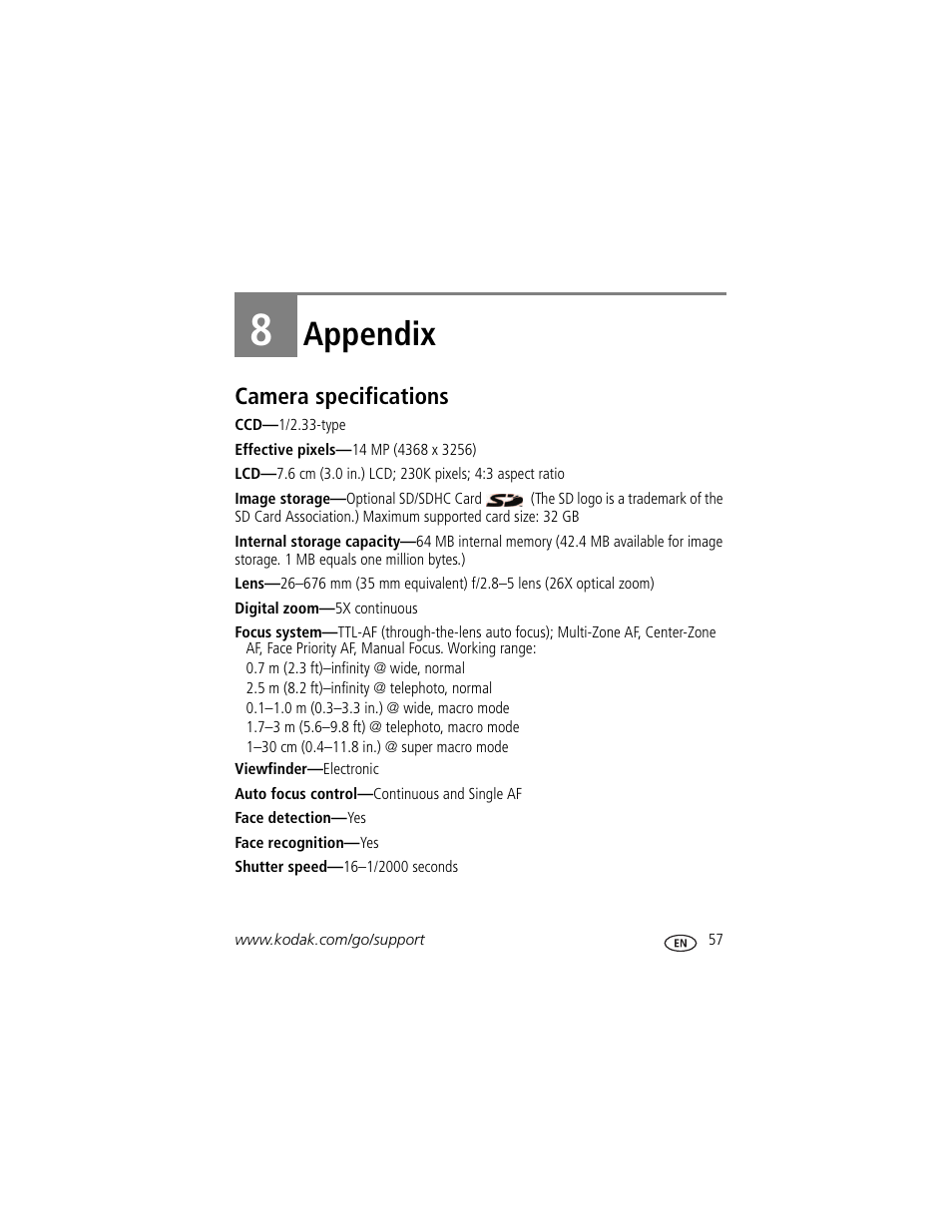 Appendix, Camera specifications, 8 appendix | See camera specifications, starting on | Kodak Z981 User Manual | Page 63 / 79